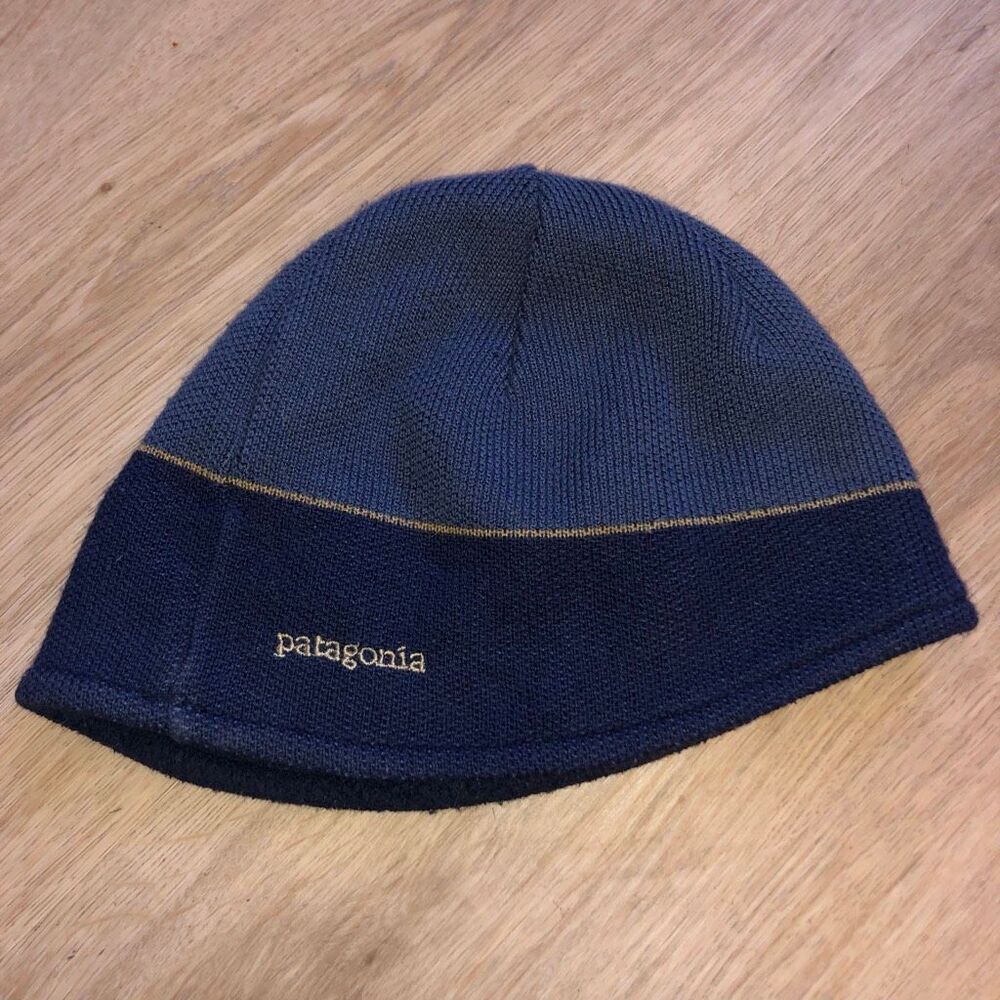 PATAGONIA BETTER SWEATER KNIT BEANIE HAT RARE 2 TONE BLUE GOLD ADULT SIZE